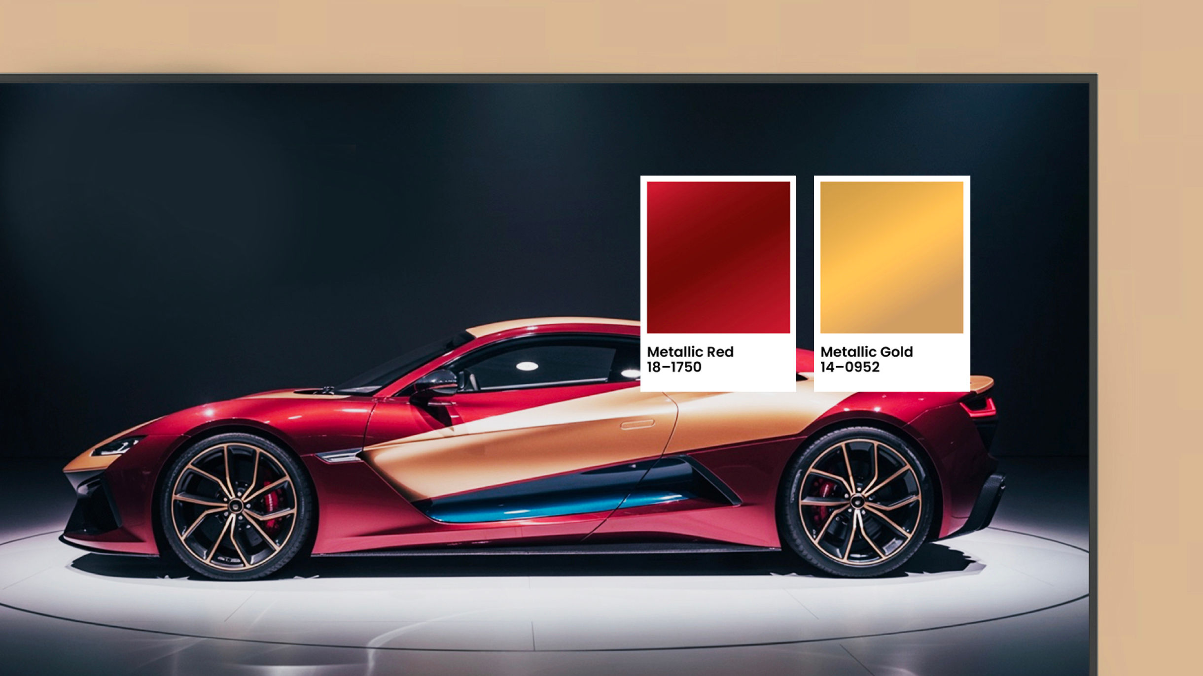A metallic red and gold sports car displayed on a BenQ digital signage screen with Pantone Validated and Pantone SkinTone Validated color swatches, ensuring professional-grade color authenticity for any digital display.