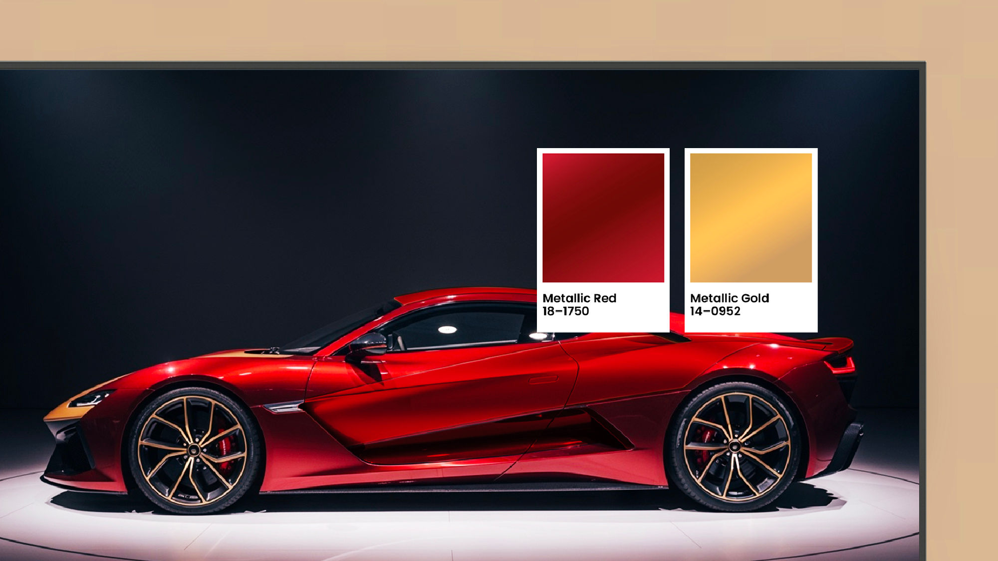 A metallic red and gold sports car displayed on a BenQ digital signage screen with Pantone Validated and Pantone SkinTone Validated color swatches, ensuring professional-grade color authenticity for any digital display.