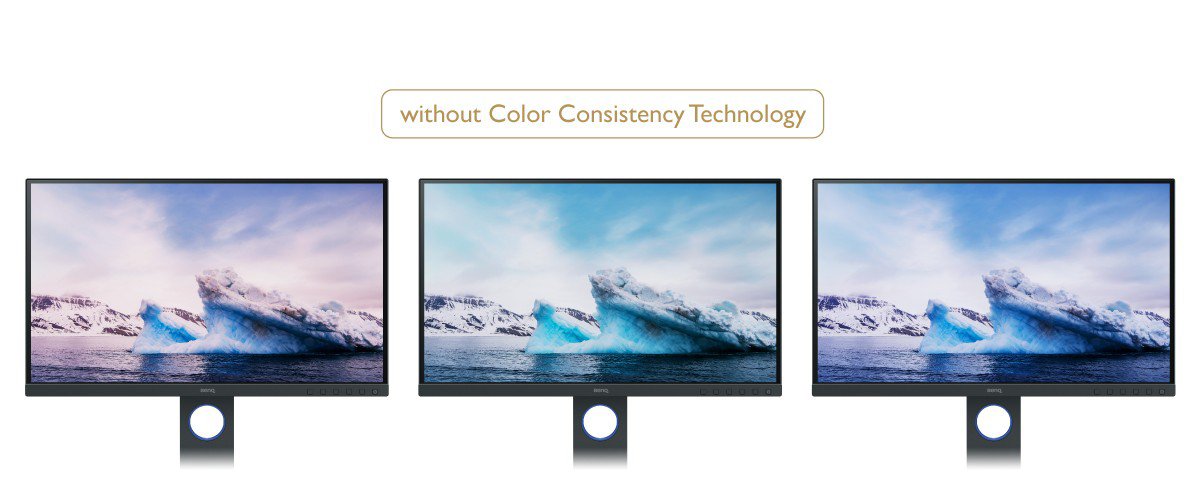 It shows three monitor manufactured from different production lines without color consistency technology.