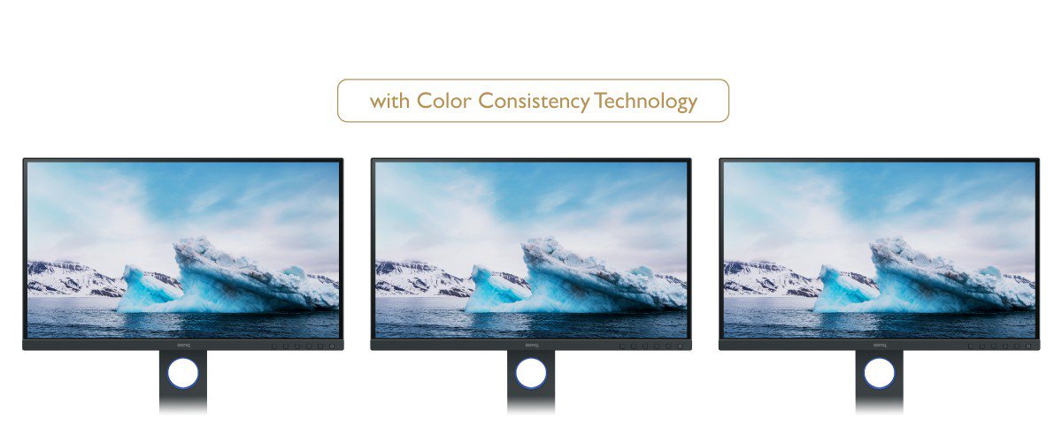 It shows three monitor manufactured from different production lines with color consistency technology.