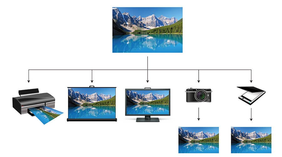 When implementing color management, we can expect a similar appearance of an image across different devices such as scanner, camera, monitor, projector and printer and media.