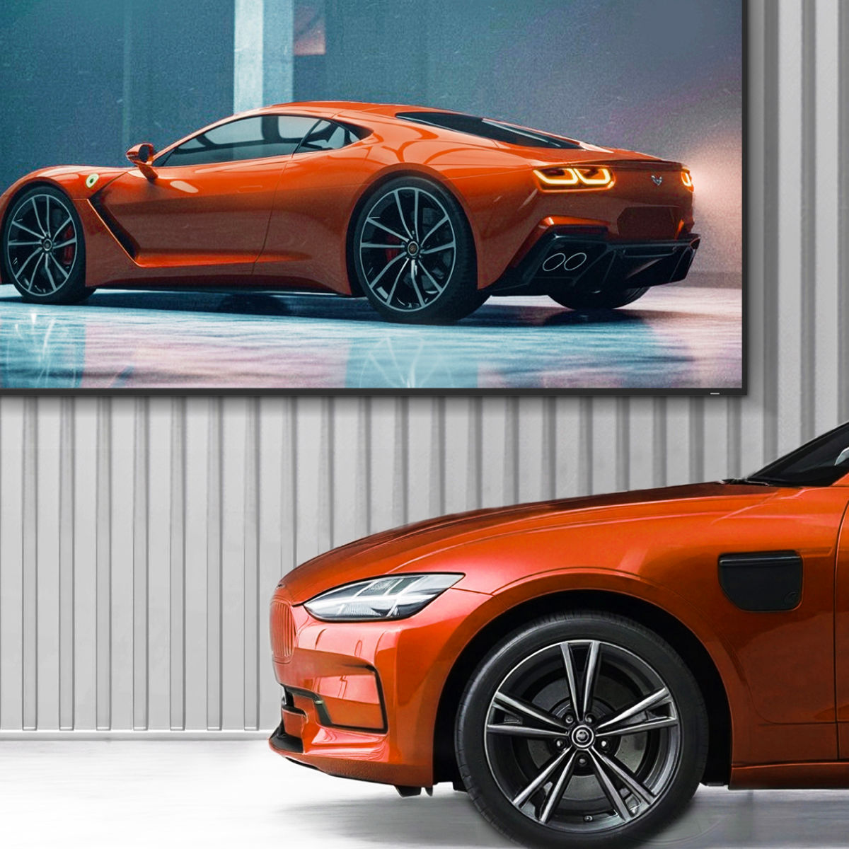 A close-up of a vibrant orange sports car on a BenQ digital signage display, showcasing color precision that ensures brand visuals are seen in their intended colors on a professional digital display.