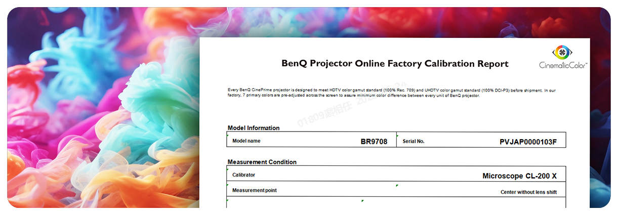 Section of BenQ Projector Online Factory Calibration Report with a colorful background, titled 'Factory Color Report'.