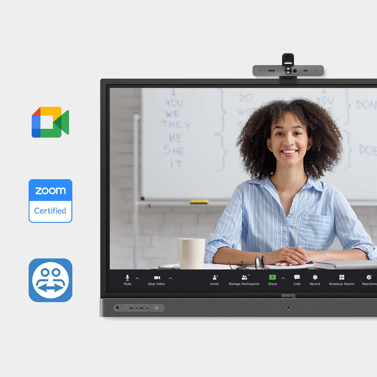 DVY32 camera on top of BenQ Board with Google Meets, Zoom, and TeamViewer Meeting icons