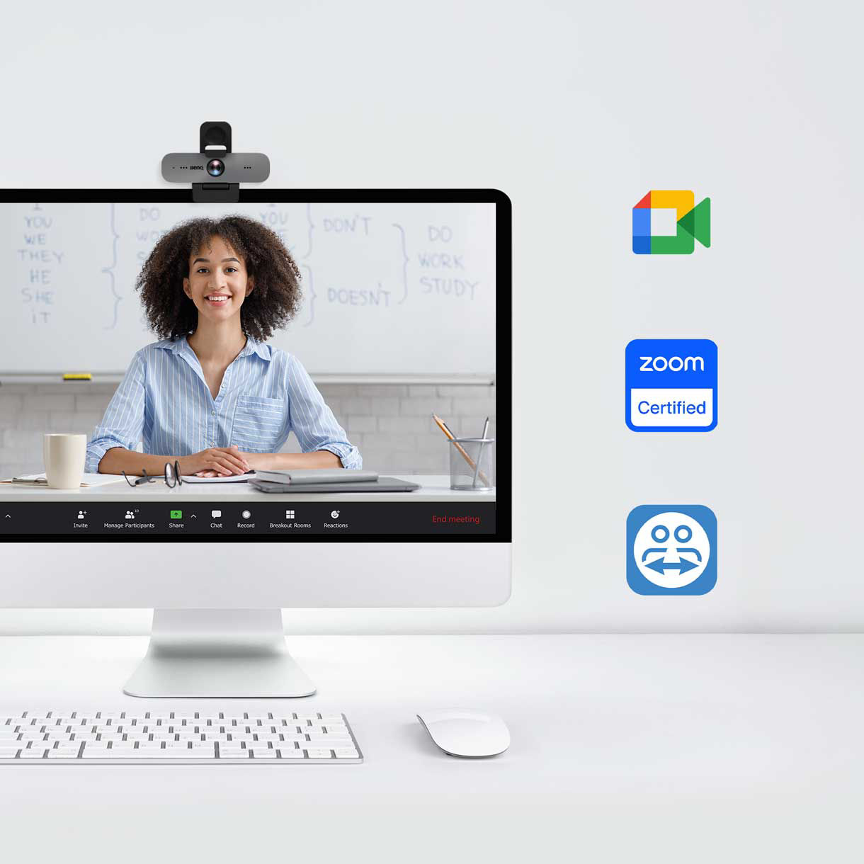 DVY31 camera on top of Mac with Google Meets, Zoom, and TeamViewer Meeting icons