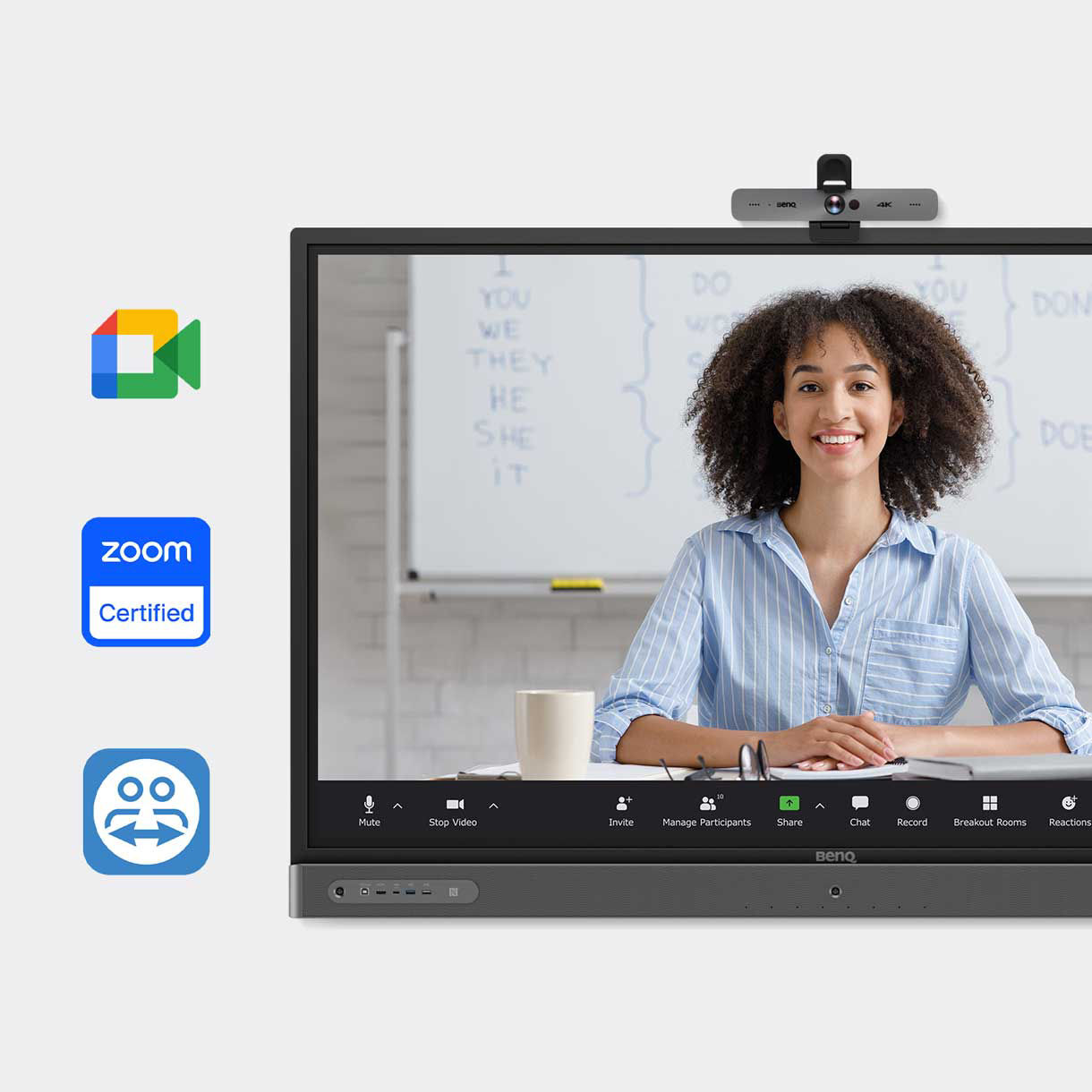 DVY32 camera on top of BenQ Board with Google Meets, Zoom, and TeamViewer Meeting icons