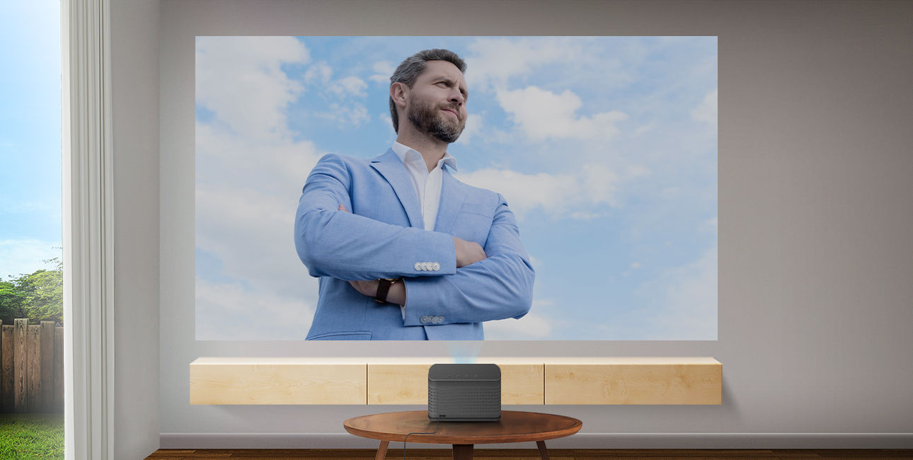 competitor projector showing loss of sky details in a brightly lit room with ambient light