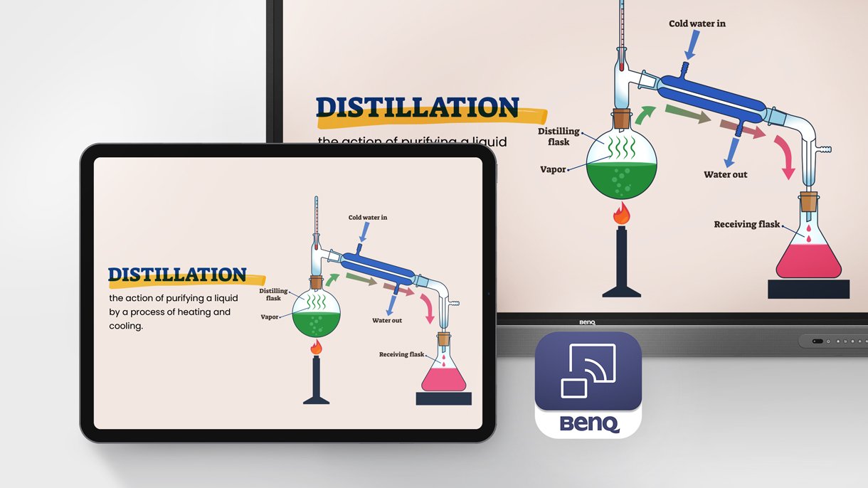 Tablet mit drahtloser Bildschirmfreigabe für den Chemieunterricht auf dem Smart Board von BenQ 