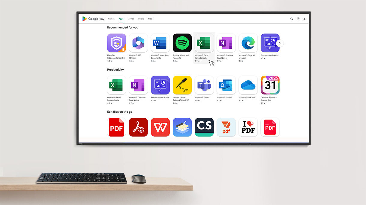 BenQ digital signage with Google Play integration, allowing for an engaging experience with keyboard and mouse connectivity.