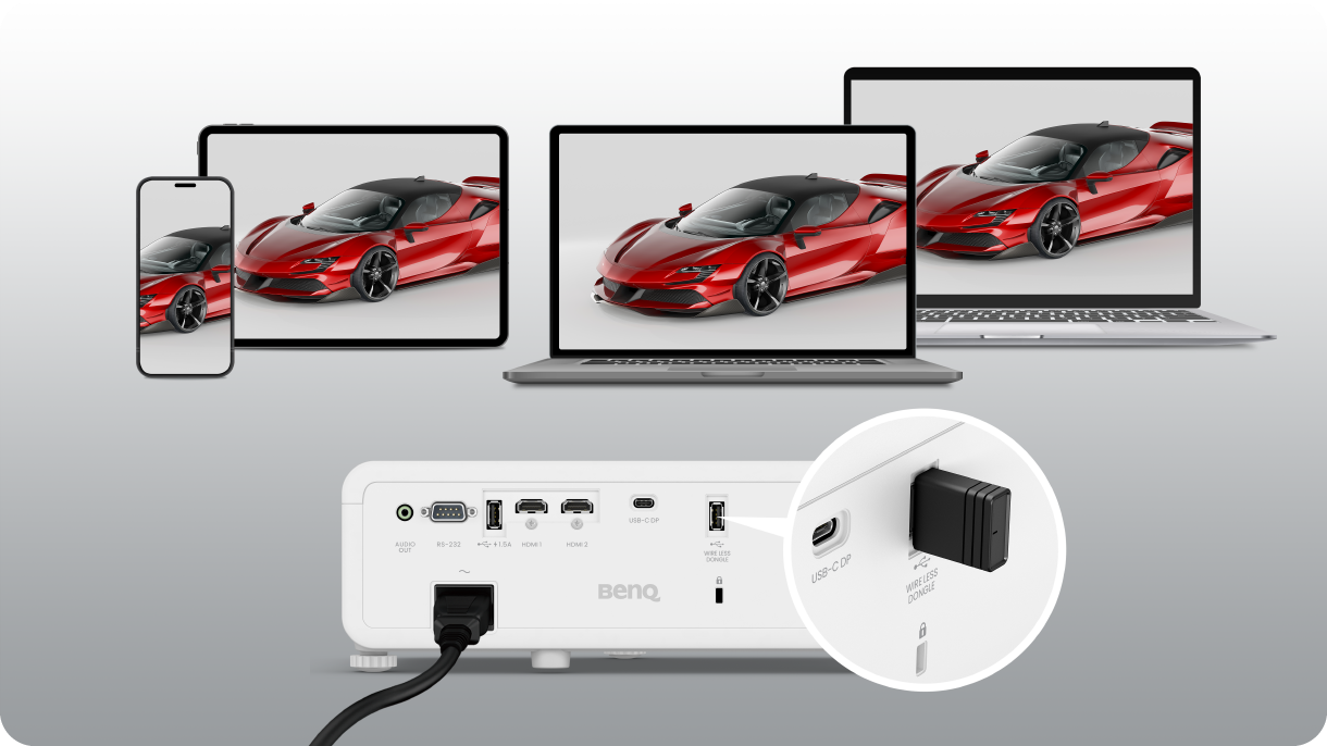 BenQ LH650 dengan dongle WiFi opsional QCast Mirror dapat membagikan konten multimedia secara nirkabel dari berbagai perangkat tanpa perlu mengunduh driver atau software tambahan.