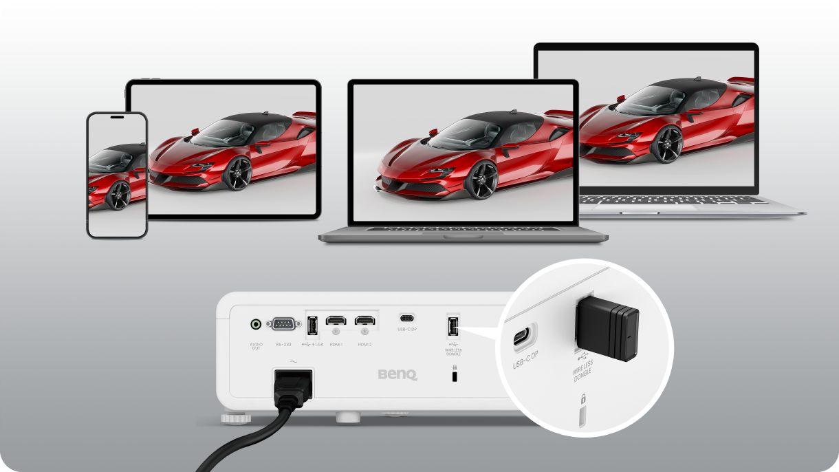 Udělejte ze svého projektoru BenQ LW650 bezdrátové zařízení díky volitelnému WiFi modulu. Sdílejte multimediální obsah, včetně fotografií, dokumentů a Full HD videí z mobilních zařízení nebo notebooků bez nutnosti stahovat další ovladače nebo software.