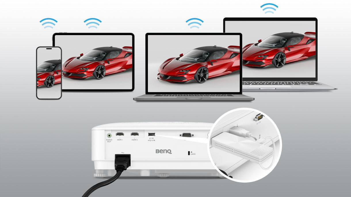 BenQ LH500 with the optional QCast Mirror WIFI dongle can share multimedia content wirelessly from any device without addtional driver or software downloads