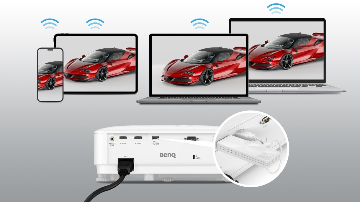 BenQ LW500 with the optional QCast Mirror WIFI dongle can share multimedia content wirelessly from any device without addtional driver or software downloads