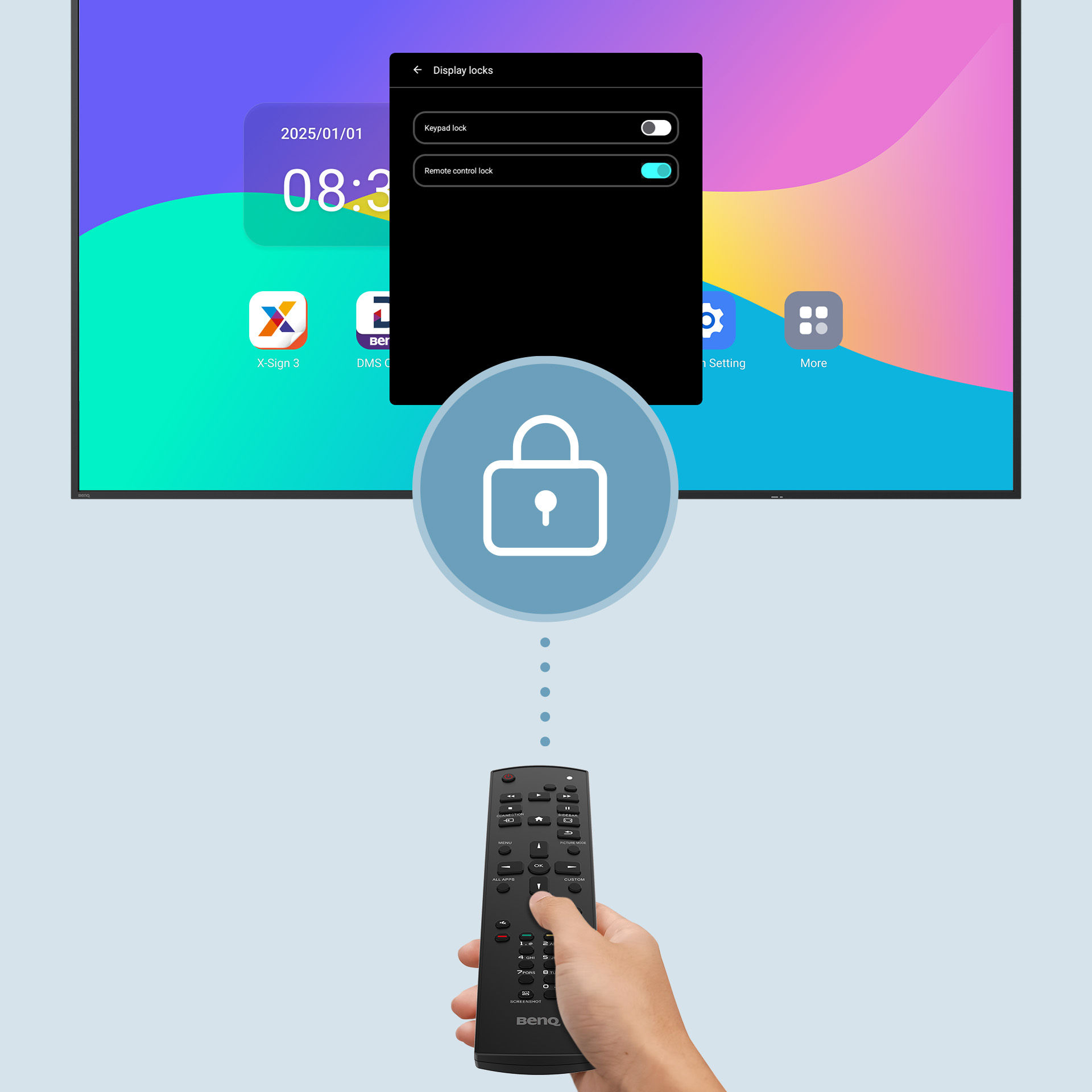 ST04 signage with IR lock enabled, preventing tampering via unauthorized remotes in public school spaces.