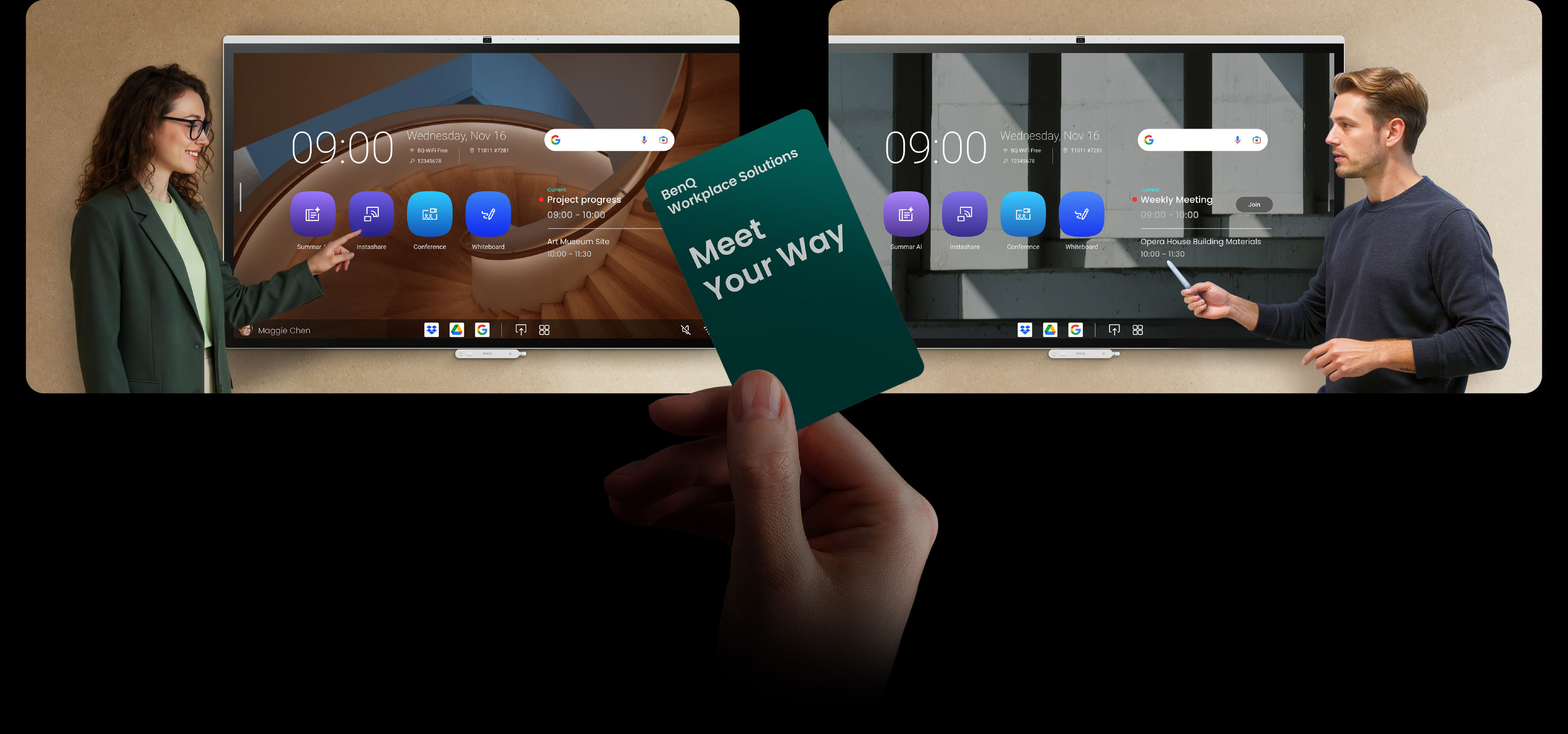 A hand holding a BenQ Workplace Solutions NFC card to instantly log in and "Meet Your Way," showing two professionals accessing their personalized workspaces on BenQ interactive displays.
