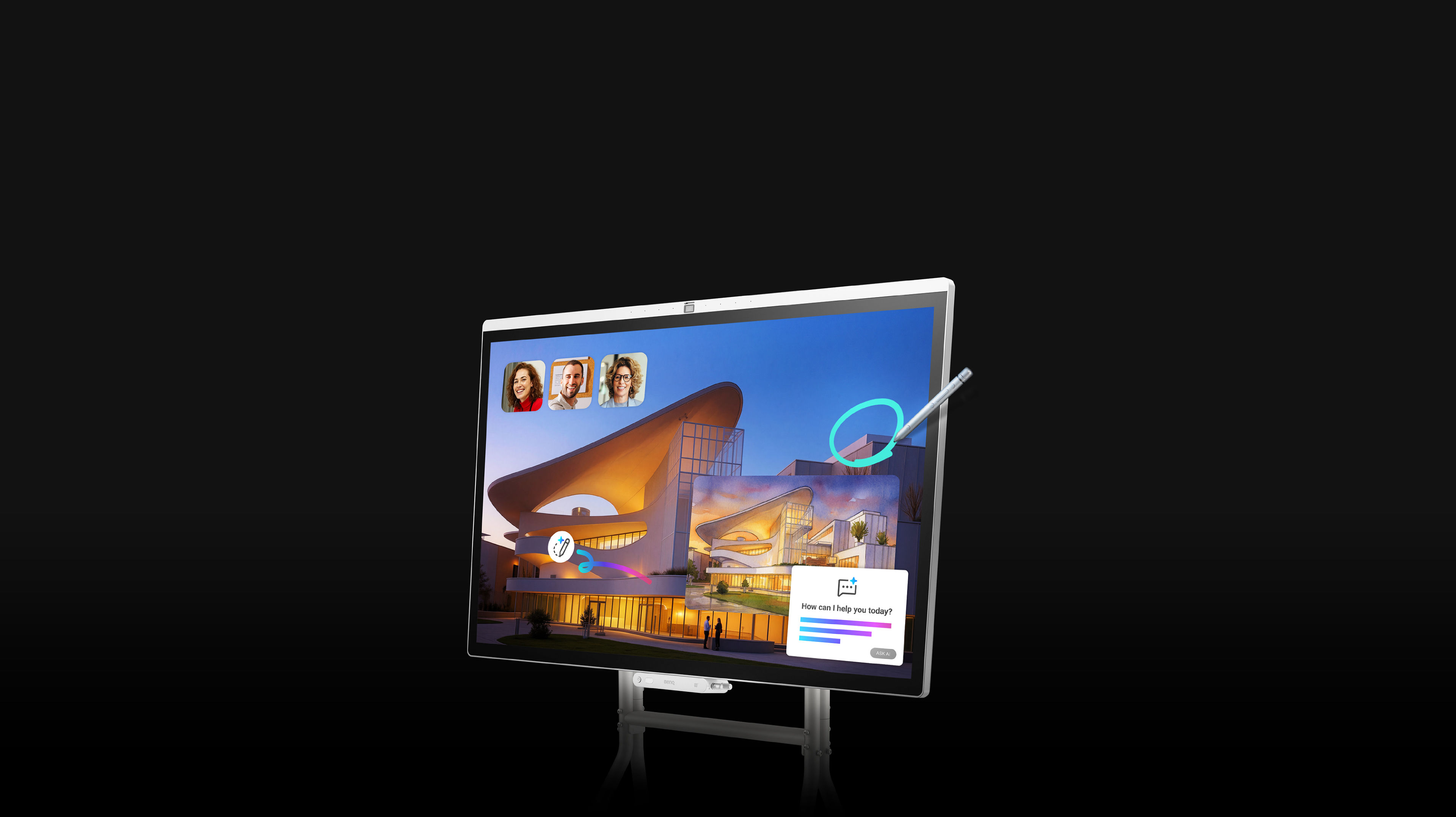 A BenQ Board CP05 interactive display featuring a stylus annotating a colorful architectural design alongside video conference and AI widgets, positioning it as a high-performance interactive touch screen for corporate collaboration.