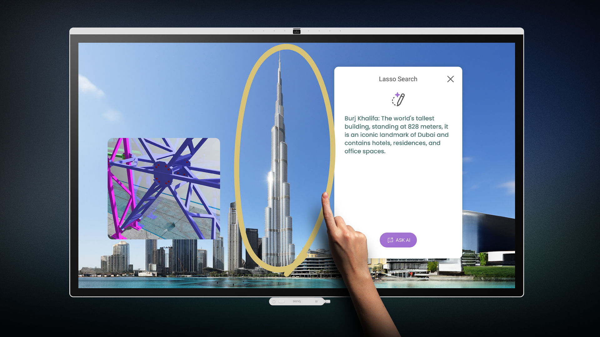 A hand using the Lasso Search feature on a BenQ interactive display to circle the Burj Khalifa, instantly triggering an AI-generated summary for efficient information retrieval.