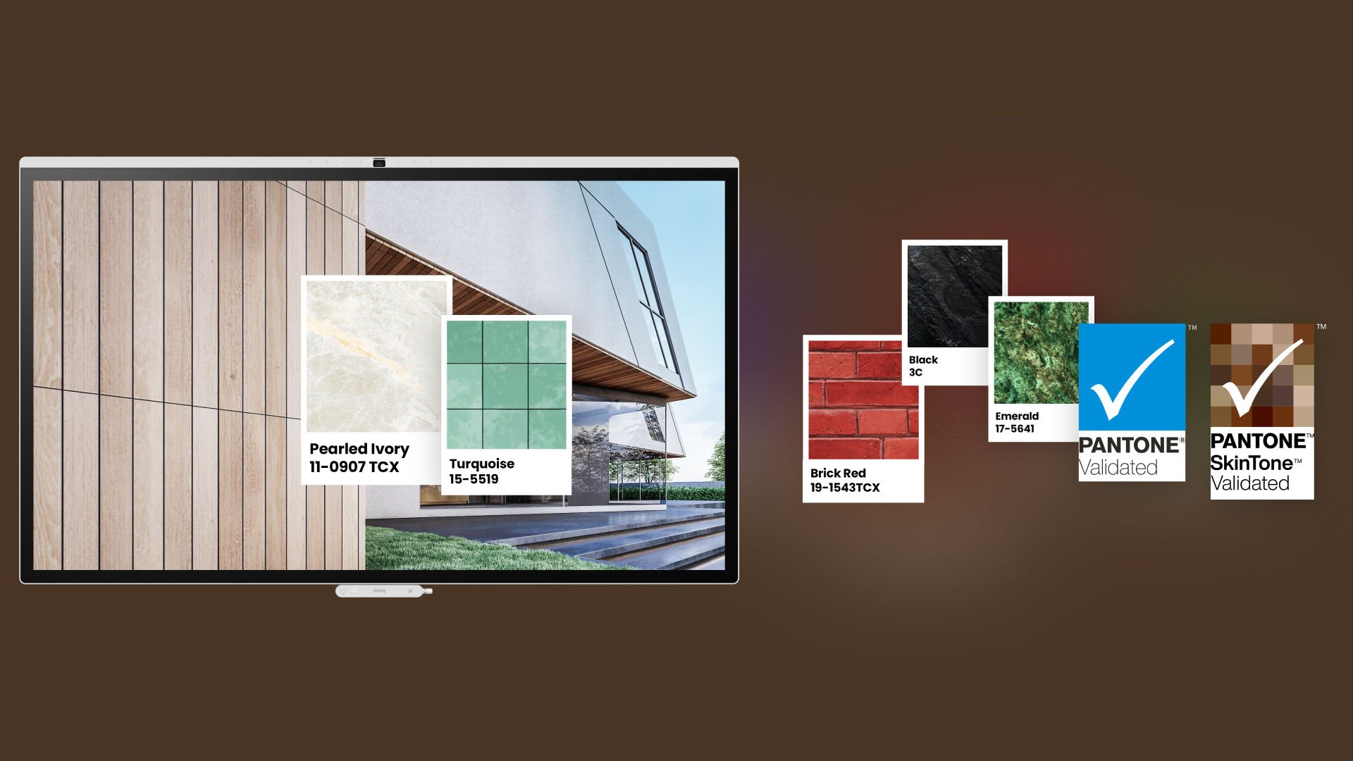 A BenQ interactive display in Pantone mode showing architectural textures and colors, with icons for Pearled Ivory, Turquoise, and Pantone SkinTone Validated logos, highlighting color precision for professional workplace solutions.