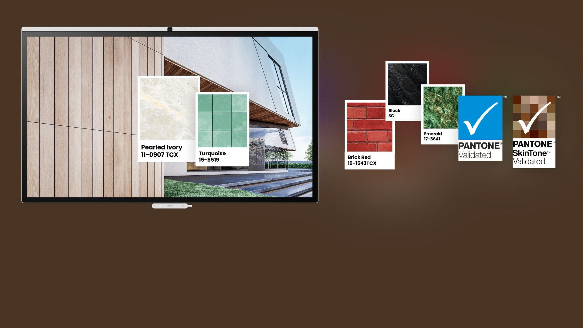 A BenQ interactive display in Pantone mode showing architectural textures and colors, with icons for Pearled Ivory, Turquoise, and Pantone SkinTone Validated logos, highlighting color precision for professional workplace solutions.