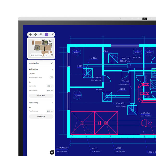 A BenQ interactive display in High-detail mode showcasing a sharp, high-contrast blue architectural blueprint, perfect for precise schematic diagrams and workplace efficiency.
