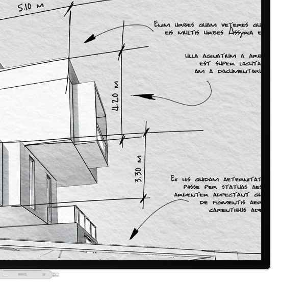 A BenQ interactive display in ePaper mode showing an architectural sketch on a textured grayscale background, optimized for visual comfort and efficient document review.