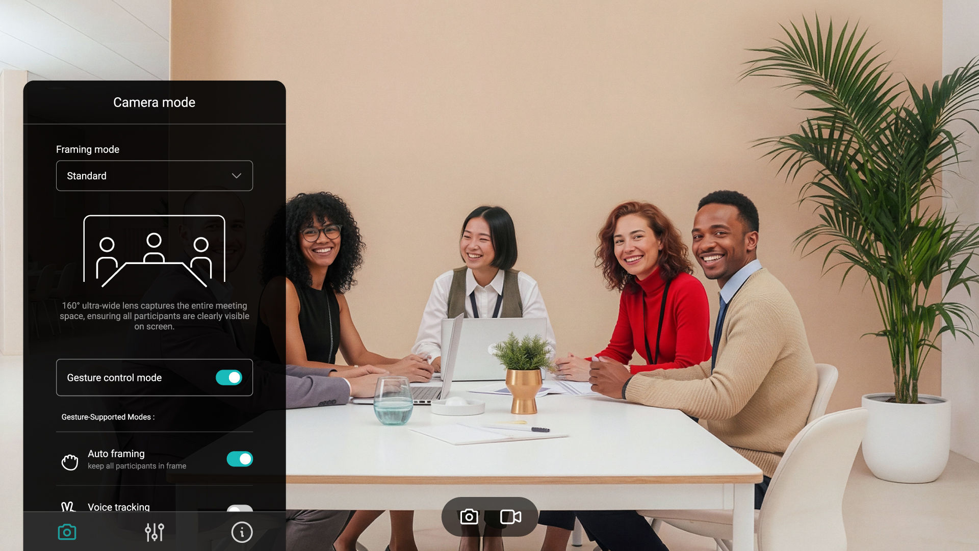 A group of four smiling professionals in a meeting room shown on a BenQ interactive display, featuring a camera mode menu with auto-framing and gesture control enabled for an optimized video conference experience.