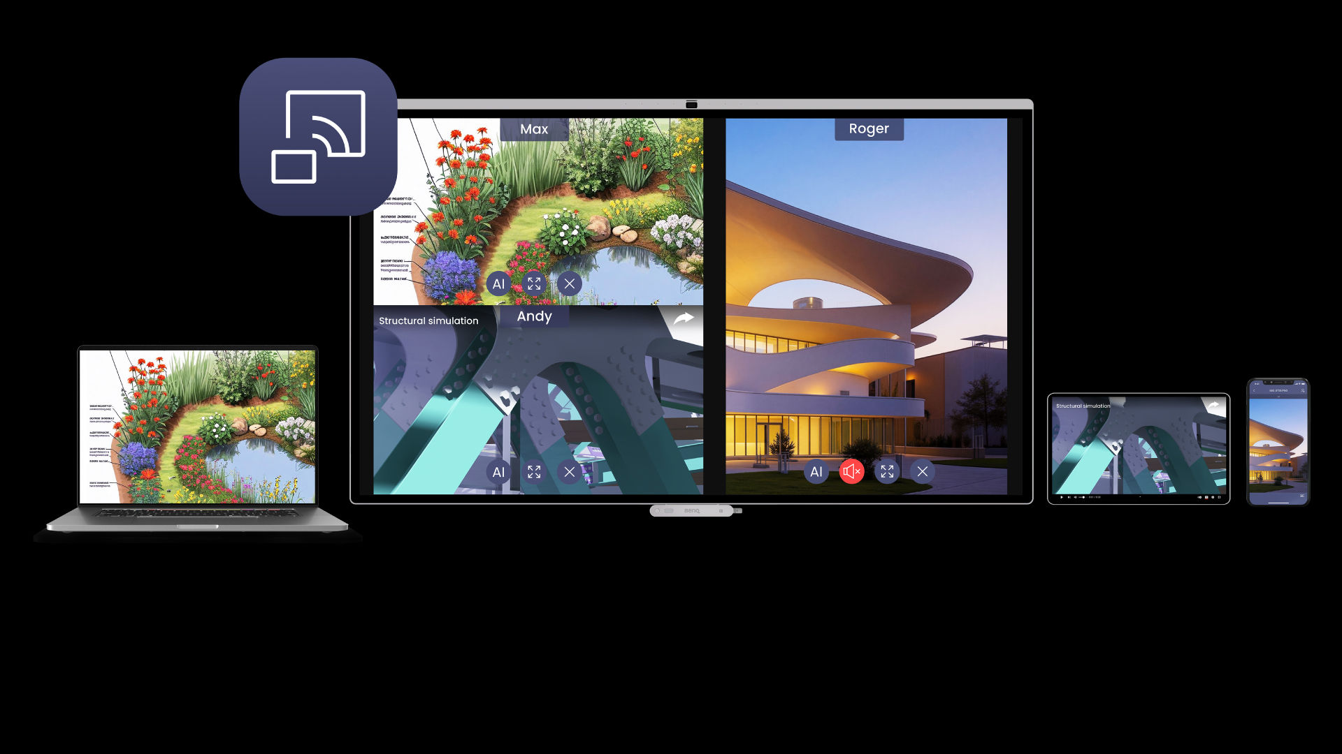 A laptop, tablet, and smartphone wirelessly casting garden designs and structural simulations to a large BenQ interactive display via InstaShare 2, showcasing app-free screen sharing for workplace productivity.
