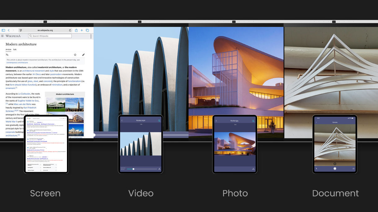 A BenQ interactive display showcasing four split-screen categories—Screen, Video, Photo, and Document—to demonstrate how BenQ Workplace Solutions allow users to share specific apps while keeping the rest of their data private.