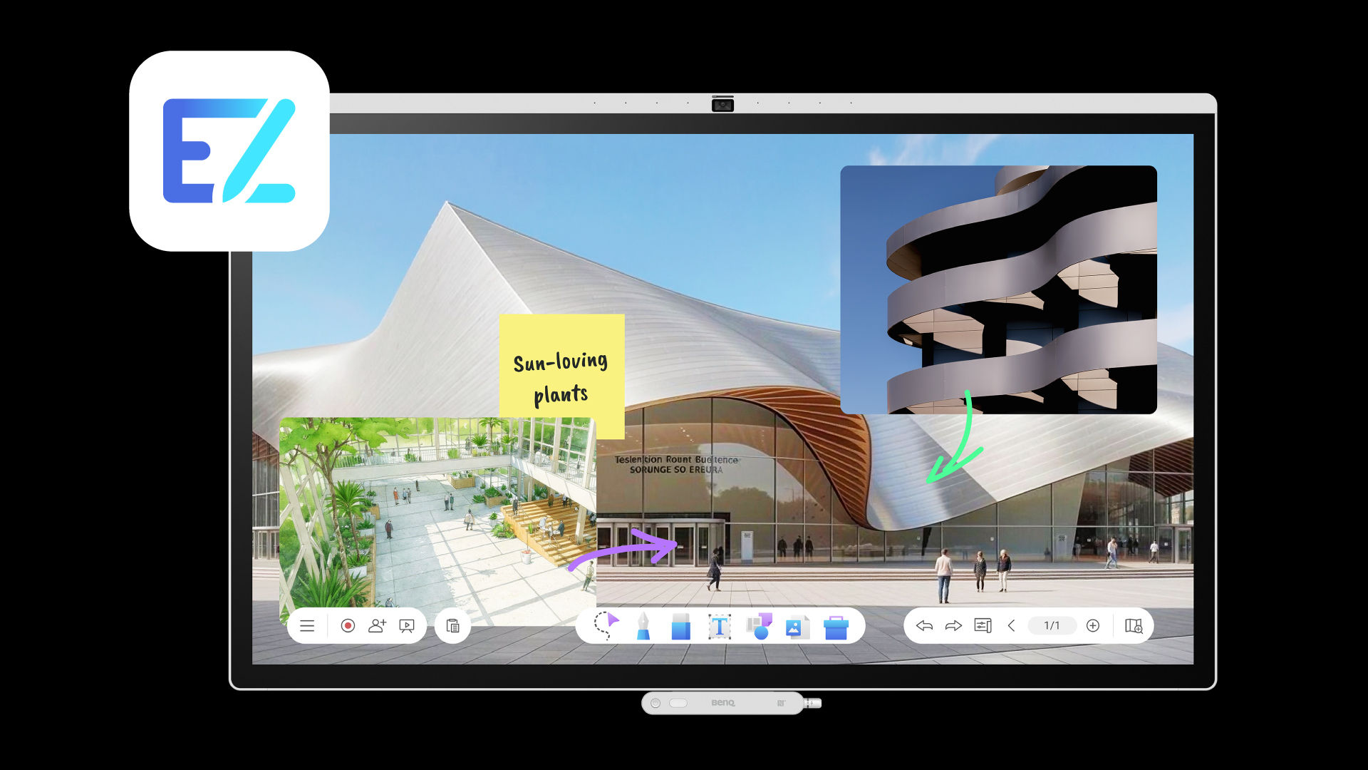 A large BenQ interactive display running EZWrite 6 with a vast architectural canvas, featuring a sticky note labeled "Sun-loving plants" and a floating window of a spiral building to boost workplace efficiency.