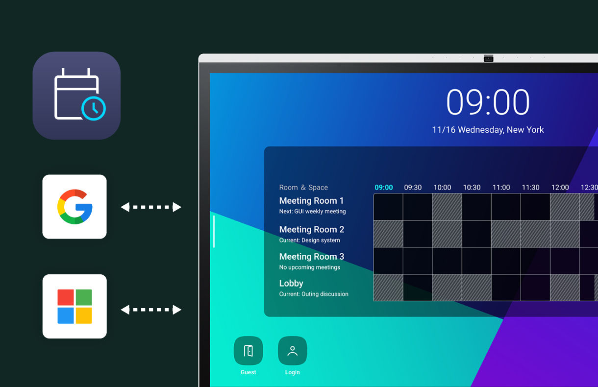 The BenQ MeetingRoom System interface on a smart display showing Google and Microsoft 365 calendar icons alongside a color-coded room schedule for efficient workplace solutions.