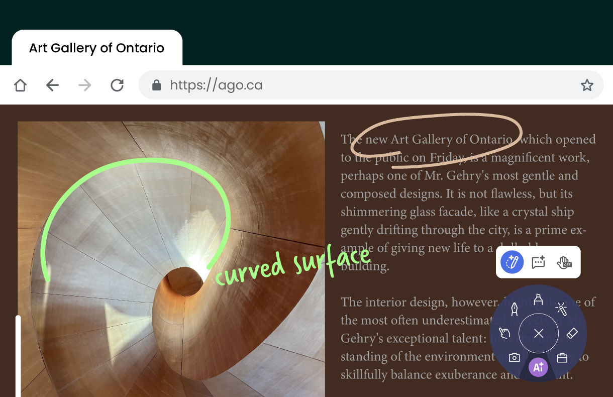 A user adding a green "curved surface" annotation on a BenQ interactive display over a web article about the Art Gallery of Ontario, highlighting the ink-anywhere capability for B2B collaboration.