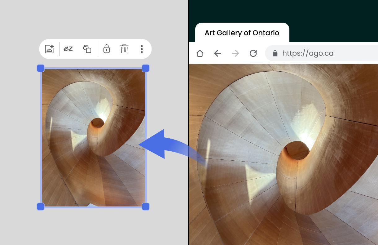 A BenQ interactive display interface showing a blue arrow dragging a spiral staircase image from a web browser into the EZWrite whiteboard for faster information retrieval.