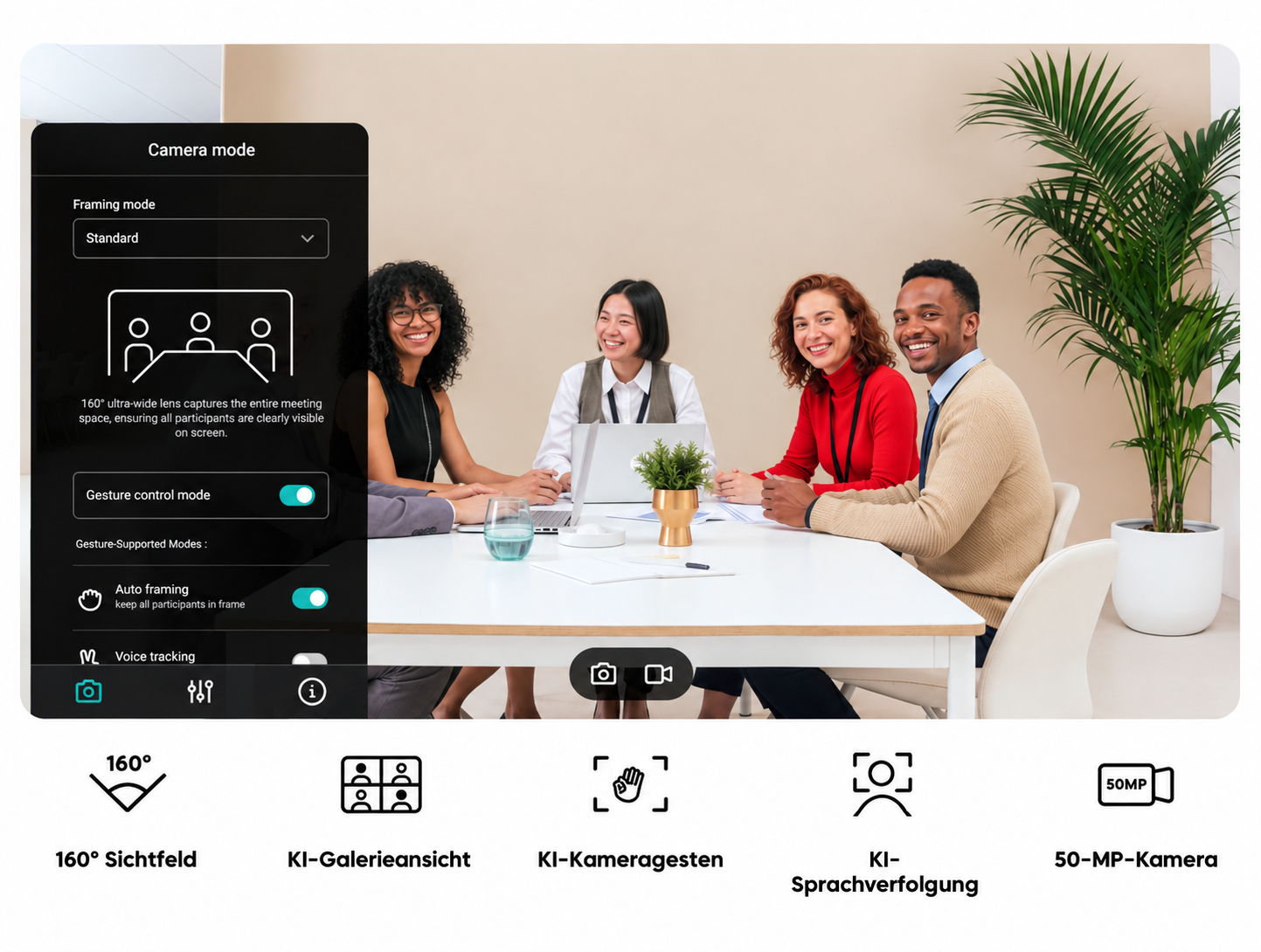 Diverse team of professionals in a bright, modern office using a BenQ display for a hybrid meeting with remote participants.