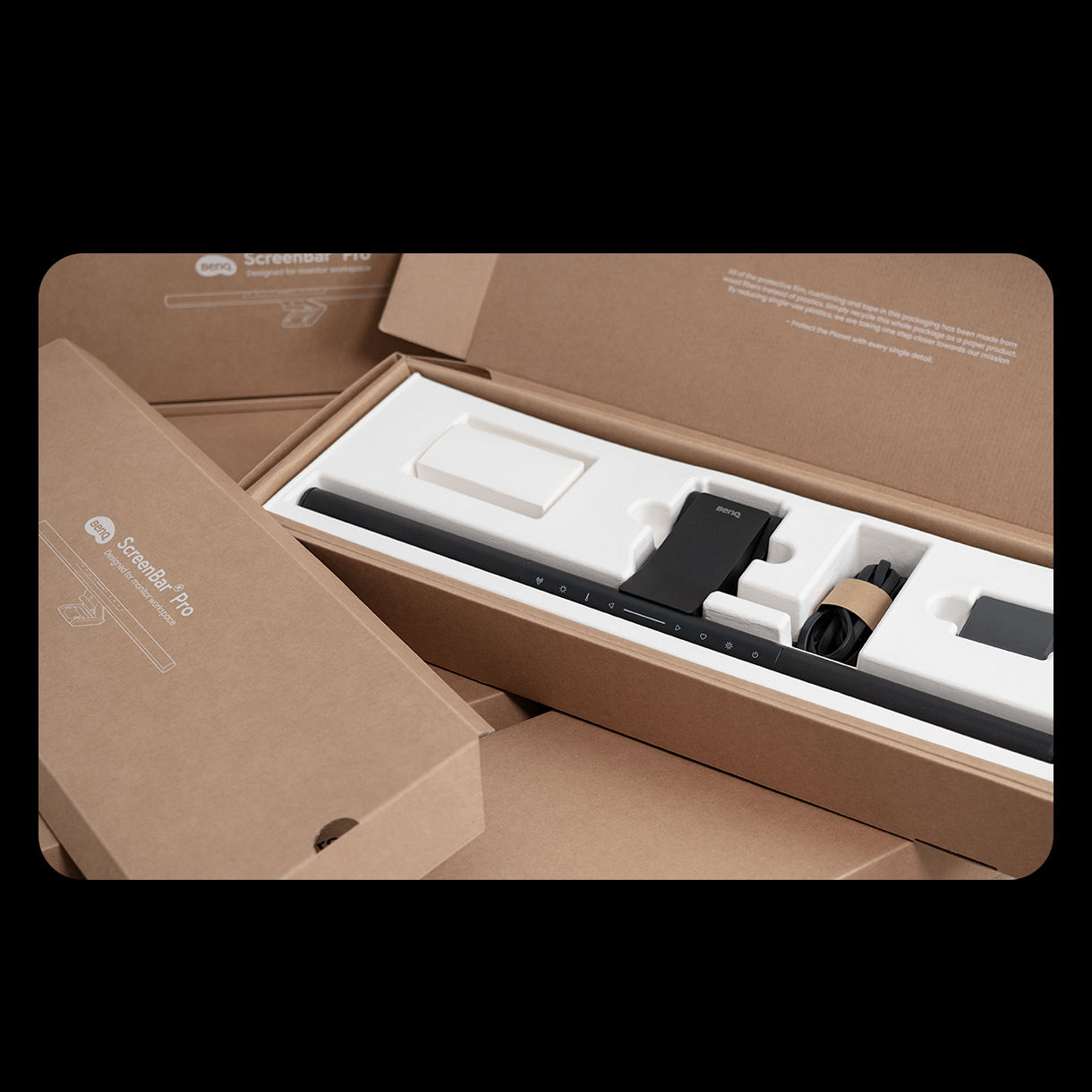 BenQ ScreenBar Pro packaging is made with recyclable materials and a smart structural design that minimizes waste, reflecting our commitment to sustainability and environmental responsibility.