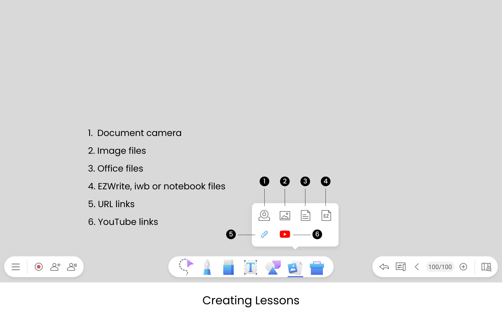 Teacher can import files (Word, PowerPoint, IWB) and links (YouTube) to BenQ EZWrite 6 whiteboard software.