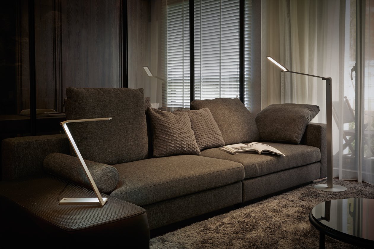 dark modern living room with qisda floor lamp