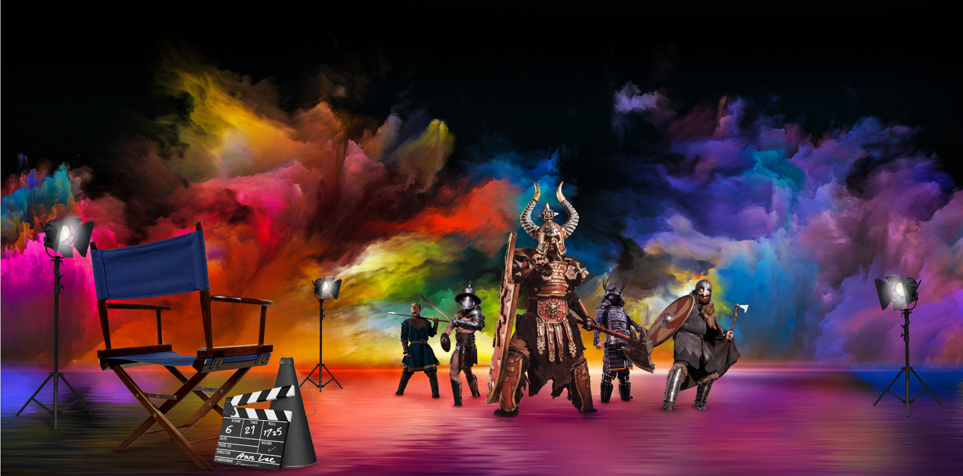 There are different roles acting in front of the colorful background in the filming studio.