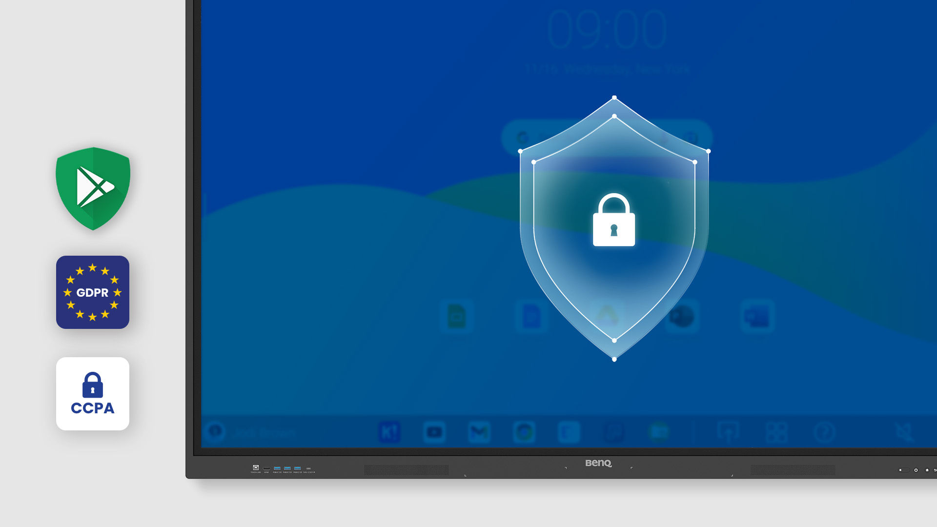 BenQ Interactive Whiteboards with Google Play Protect, Safe Browsing, and compliance with GDPR and CCPA for secure data protection.