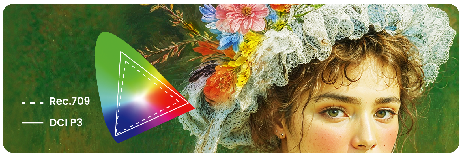 Painting detail next to a color gamut chart illustrating 100% DCI-P3 coverage compared to Rec. 709.