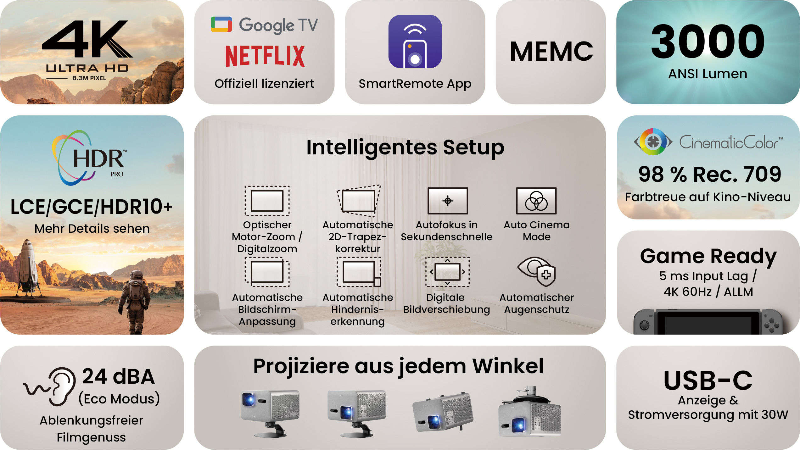 BenQ TK705i 4K HDR Heimkino-Projektor mit 3000 Lumen, Smart Image Adaptation, Google TV und geringem Input-Lag.