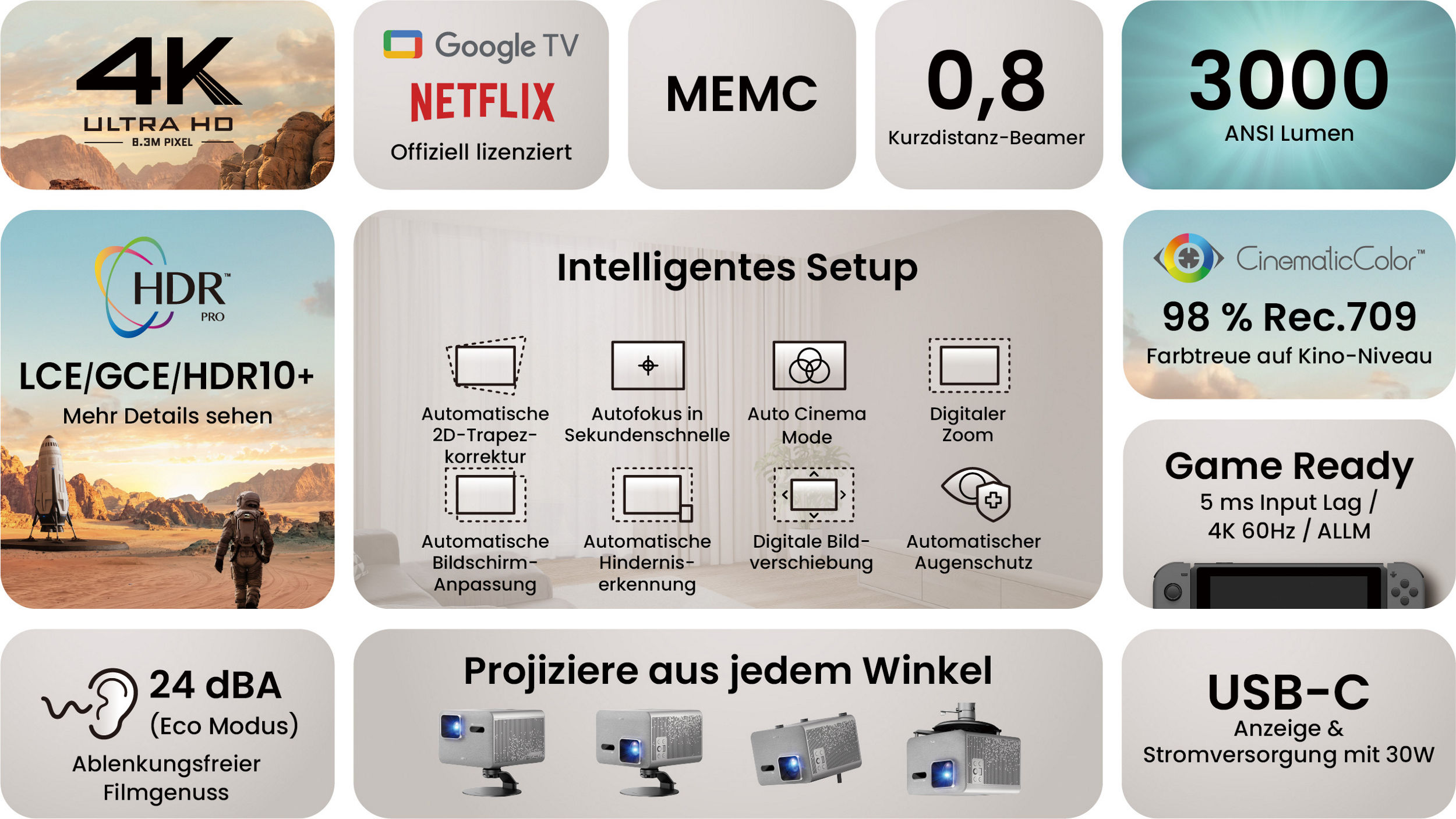 BenQ TK705STi 4K HDR Kurzdistanz-Beamer mit 3000 Lumen, intelligenter Bildanpassung und Google TV