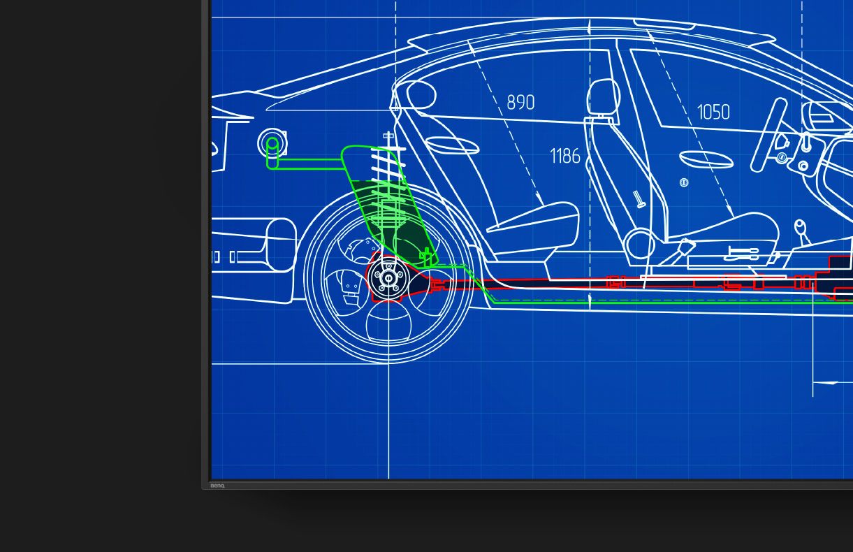 A high-contrast blue schematic of a car chassis displayed on a BenQ digital signage screen in High-detail mode, providing clarity for architecture and engineering workflows.