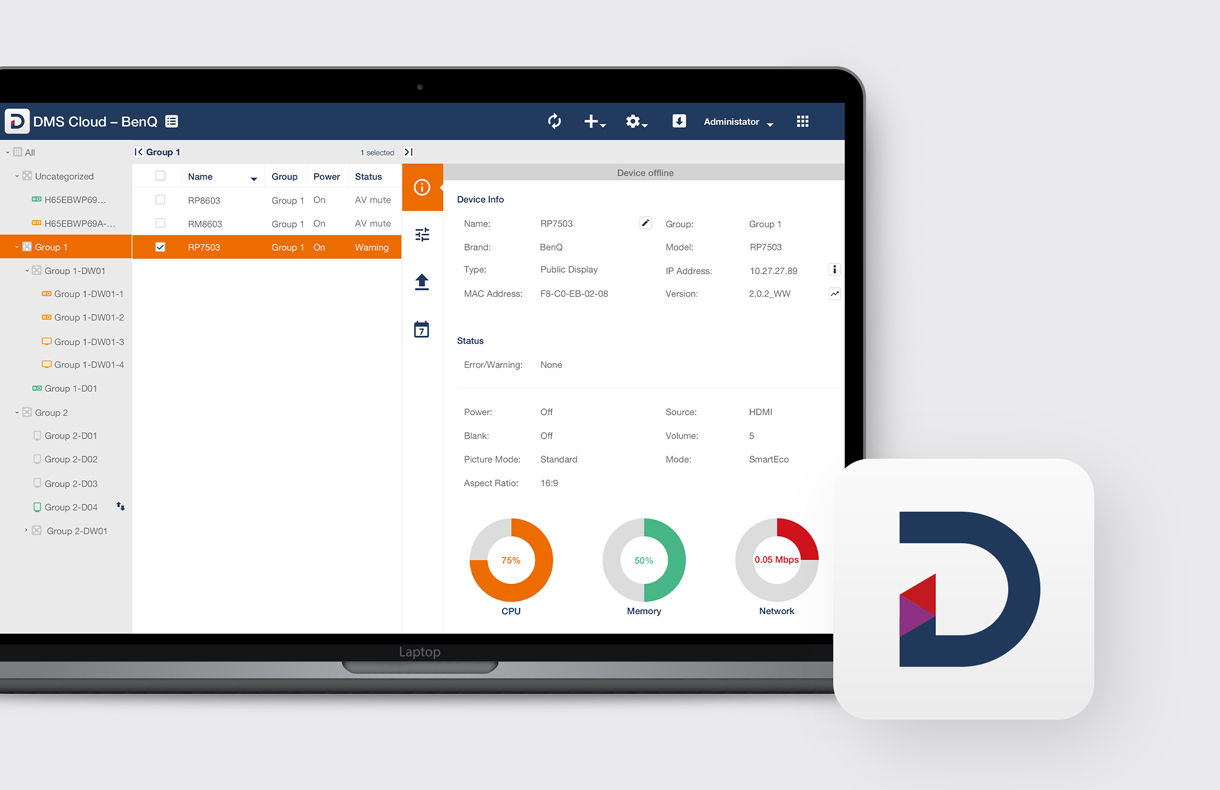 BenQ DMS device management solution dashboard interface