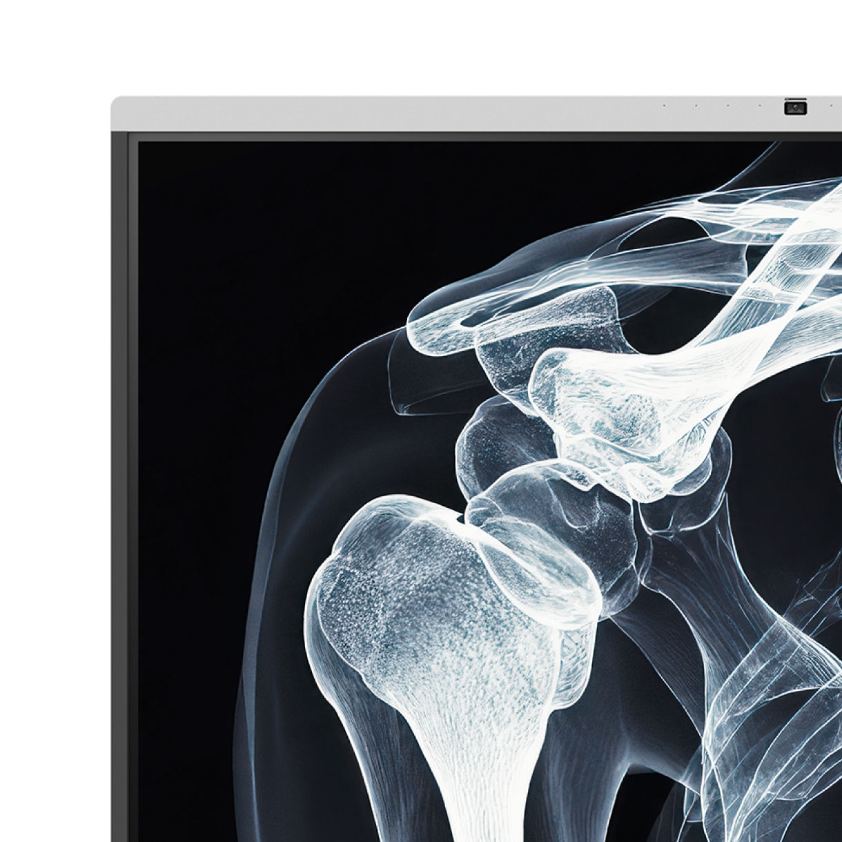 A close-up of a grayscale human shoulder X-ray on a BenQ interactive display in DICOM mode, demonstrating medical-grade accuracy for training and workplace solutions.