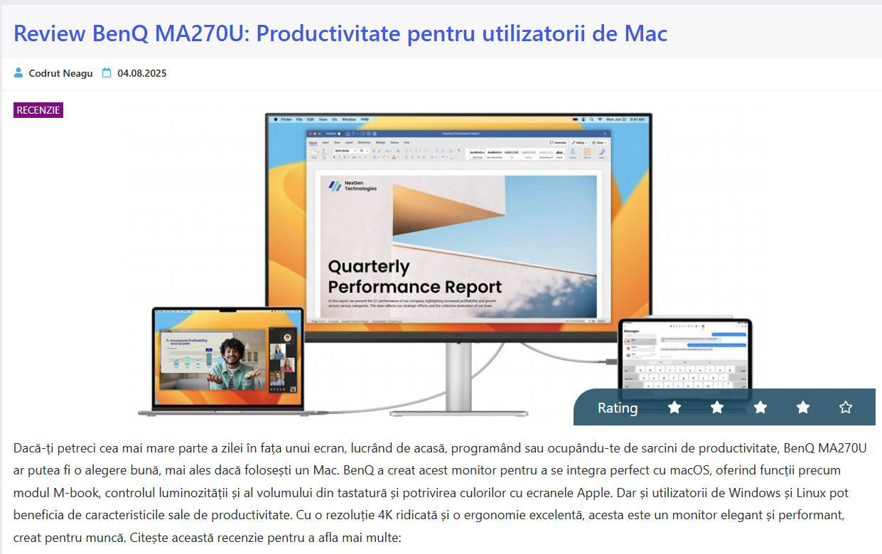 Review BenQ MA270U: Productivitate pentru utilizatorii de Mac