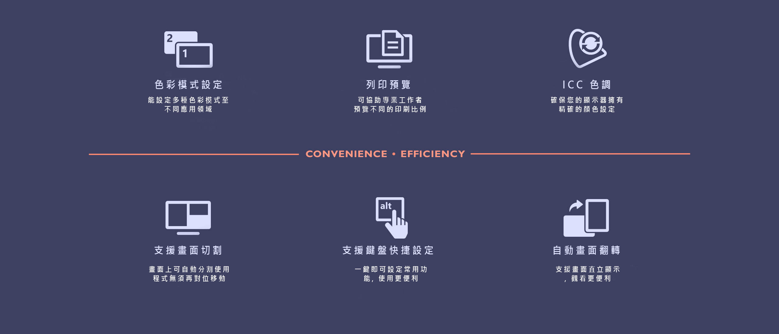 application mode assigns different color modes to different applications  print assist helps you to preview projects in actual print size iccsync ensures monitor uses accurate color settings desktop partition splits your workspace easily without dragging and re-sizing! keyboard hotkey offers keyboard shortcuts to access different functions auto pivot rotates your image automatically based on the monitor alignment.