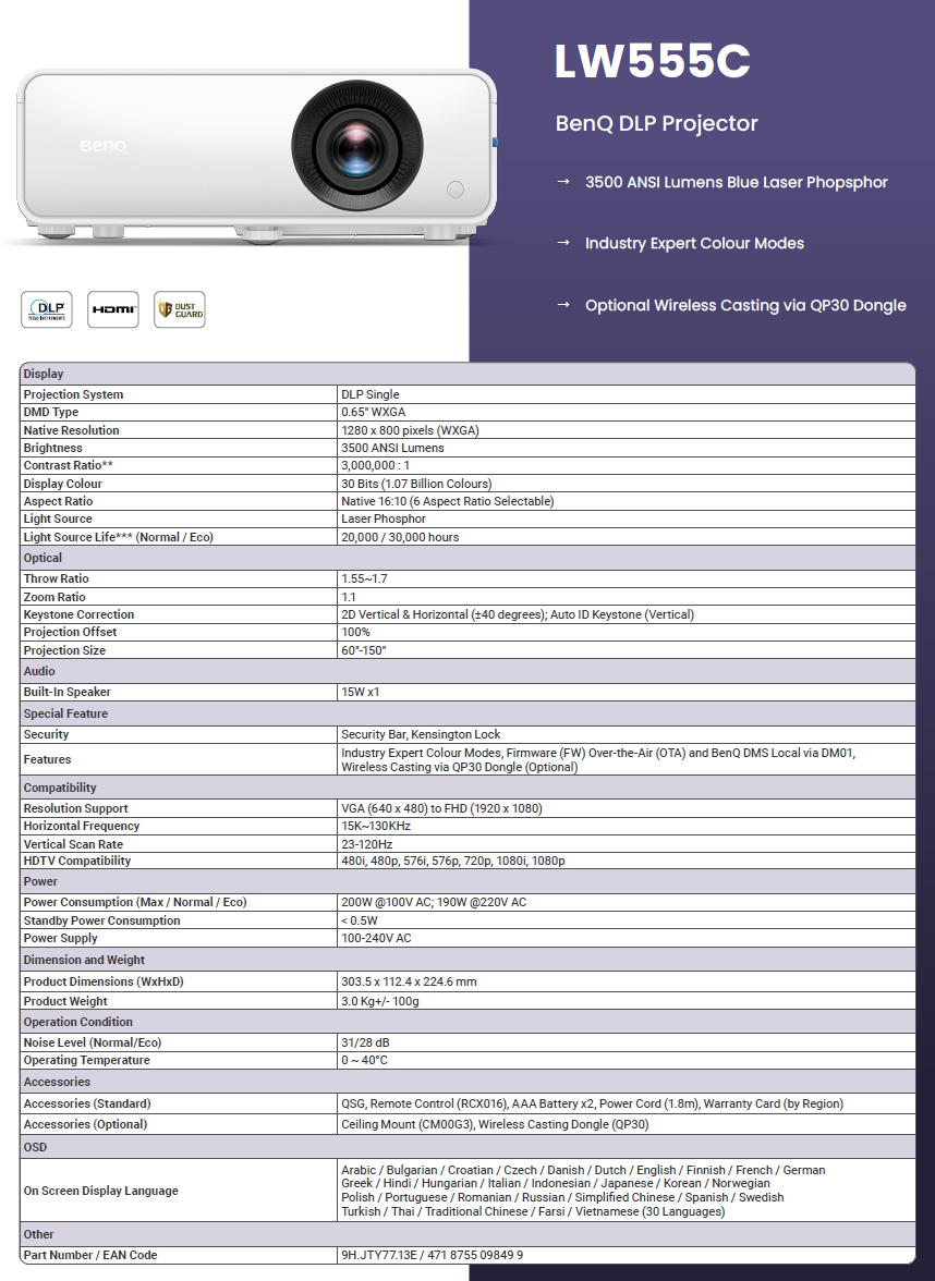 BenQ DLP LH600ST projector key features