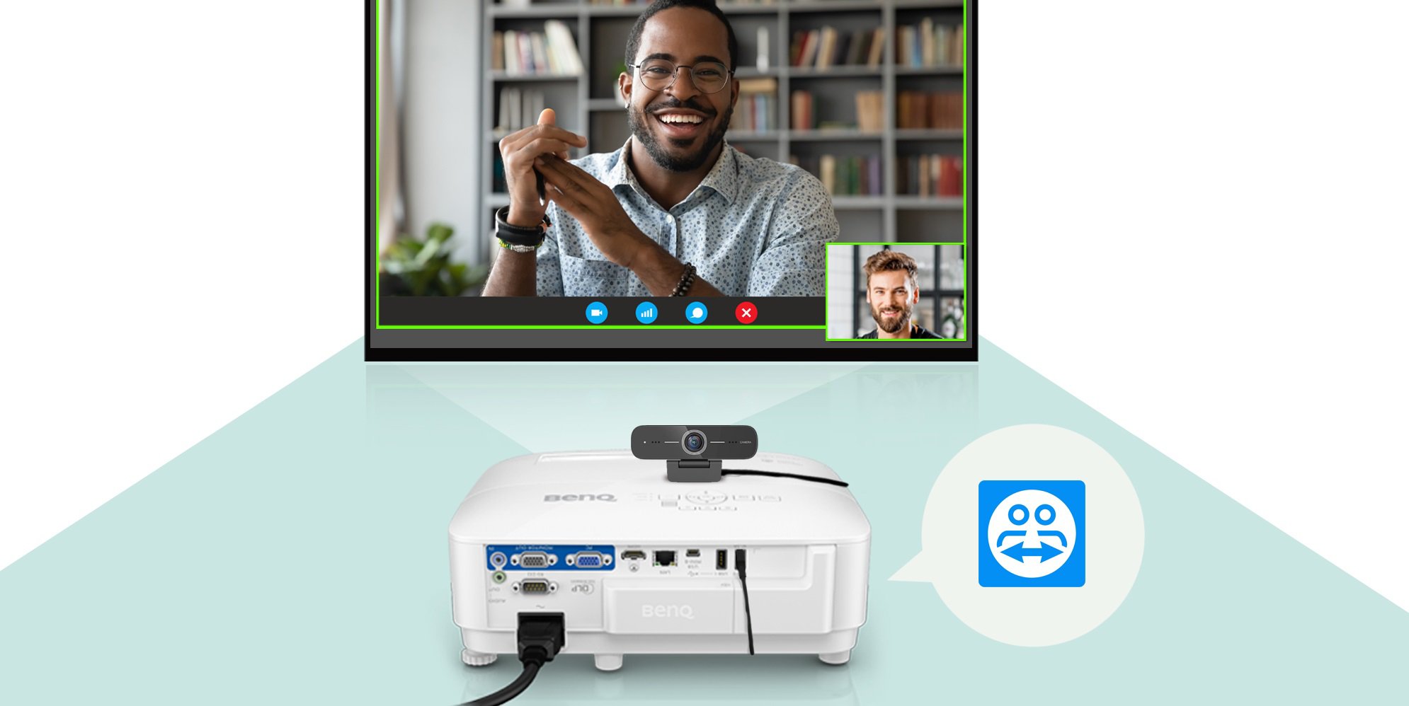 Thật dễ dàng để bắt đầu một hội thảo video với Máy chiếu thông minh cho doanh nghiệp BenQ EW800ST và thiết bị webcam BenQ DVY21  