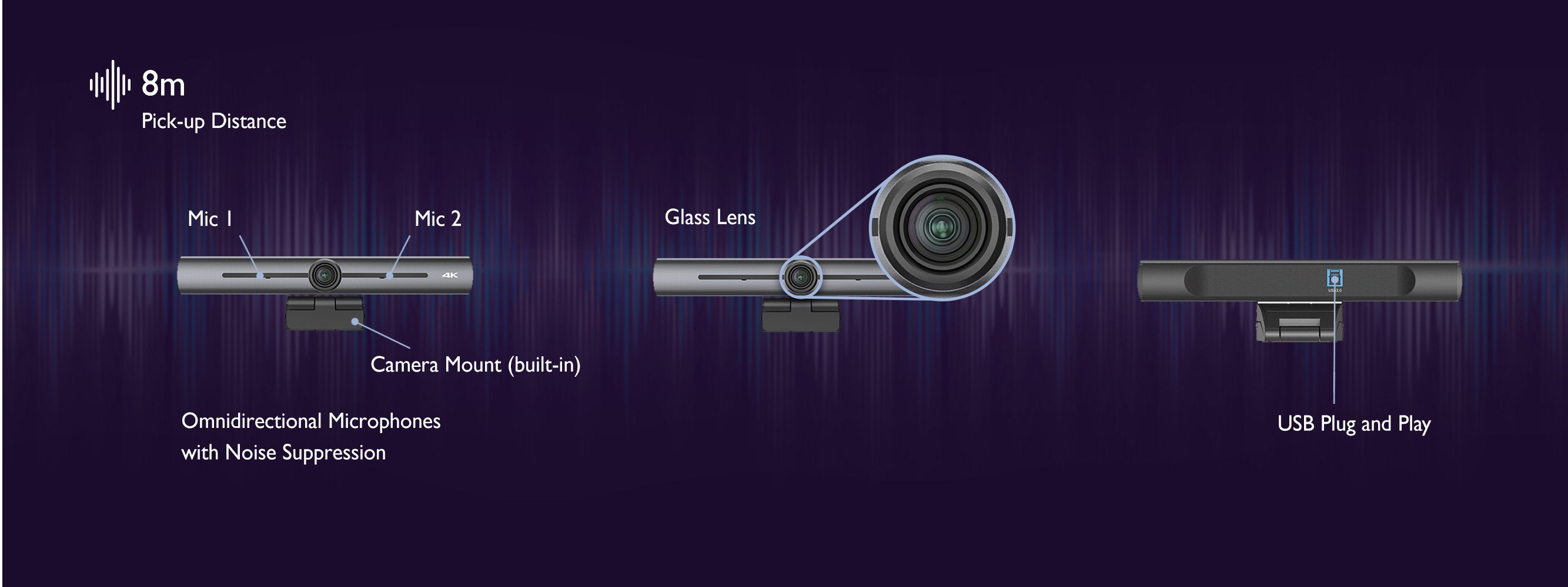 DVY22 provides omidirectional mics with echo cancelation and up to 8m pick-up distances.