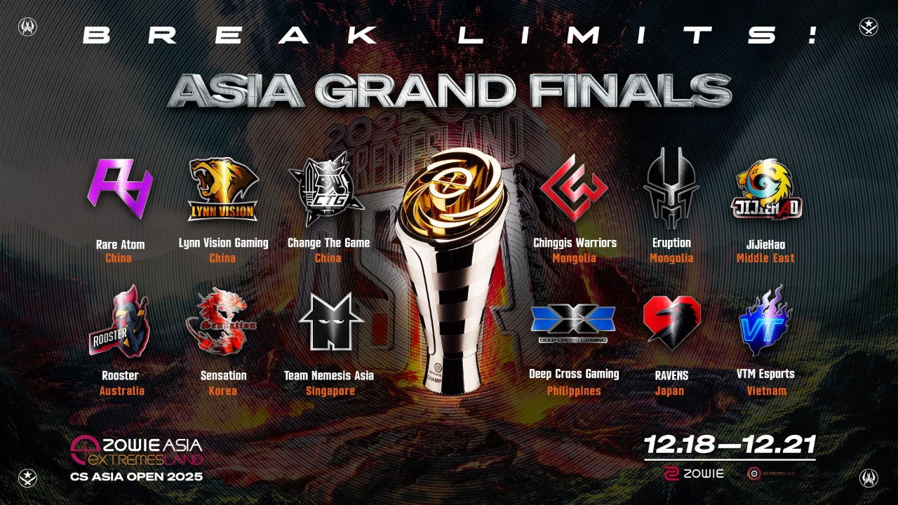 A list of all the teams competing in ZOWIE eXTREMESLAND 2025 - Rare Atom, Lynn Vision Gaming, Change The Game, Chinggis Warriors, Eruption, JiJieHao, Rooster, Sensation, Team Nemesis Asia, Deep Cross Gaming, RAVENS, and VTM Esports.